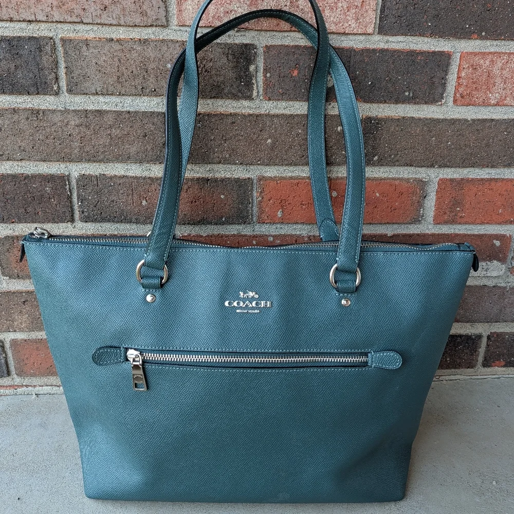 🥰EUC Coach #79608 Zip Top Teal Saffiano Leather Oversized Shoulder Tote Bag - Picture 2 of 16